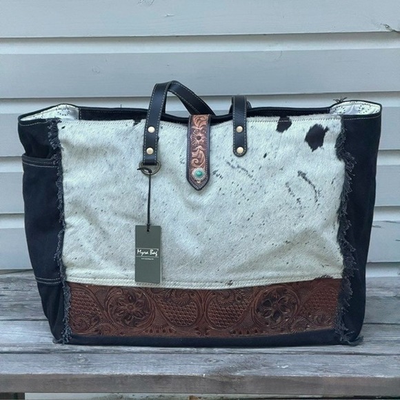 Myra Bag Handbags - Myra Bag Comely Hand-Tooled Leather Cowhide Canvas Tote Bag Black S-5281 NWT